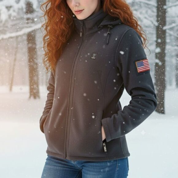 Dewbu Heated Hooded Parka Polar Fleece Jacket XL - 12V Battery & 3 Heat Settings - Picture 1 of 14